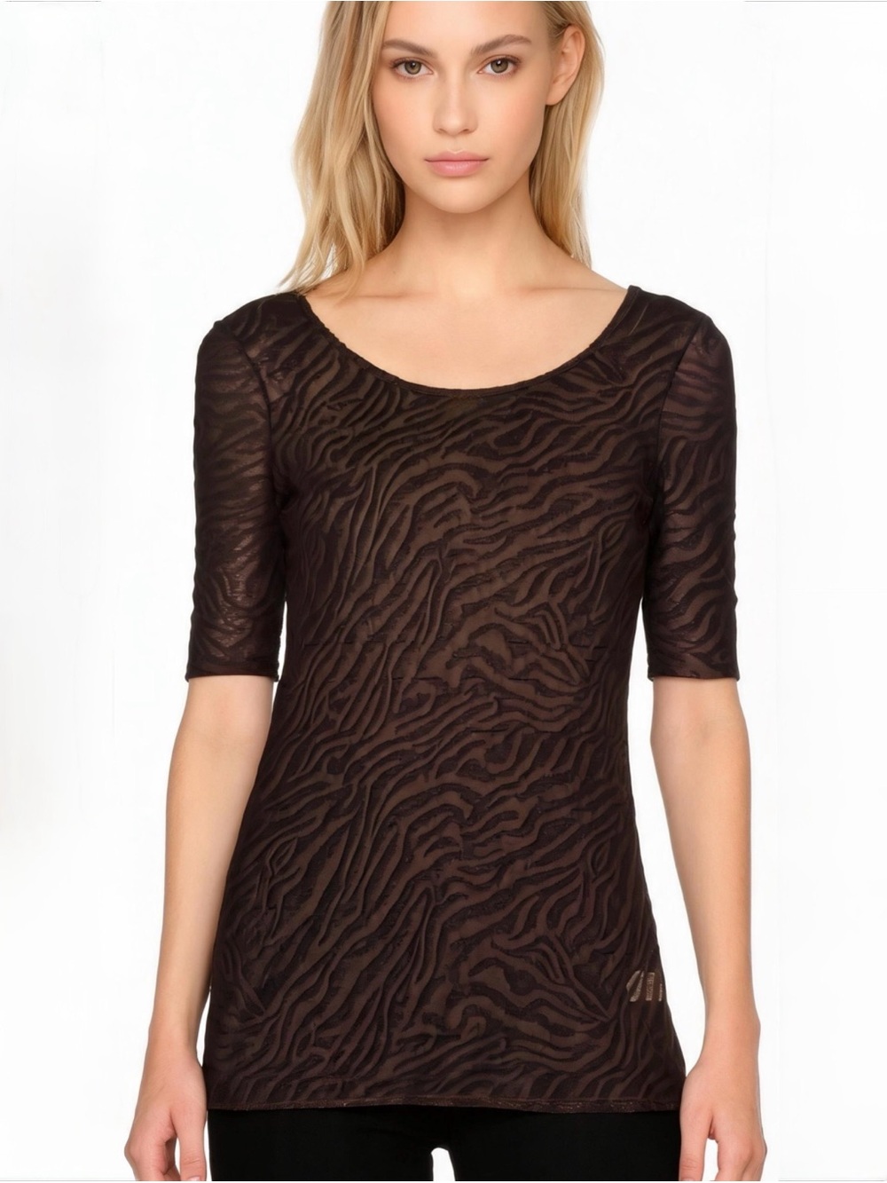 BKE Brown Sheer Zebra-Texture Short Sleeve Top